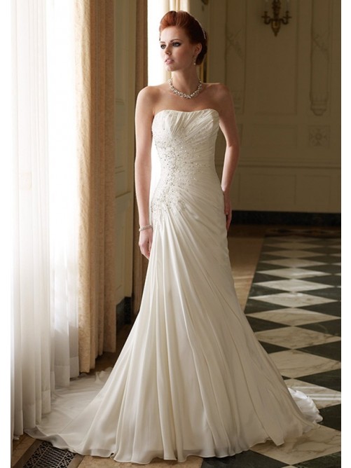زفاف - A-Line Strapless Beadings Pleated Chapel Trailing Chiffon Zipper Back Bride Dresses
