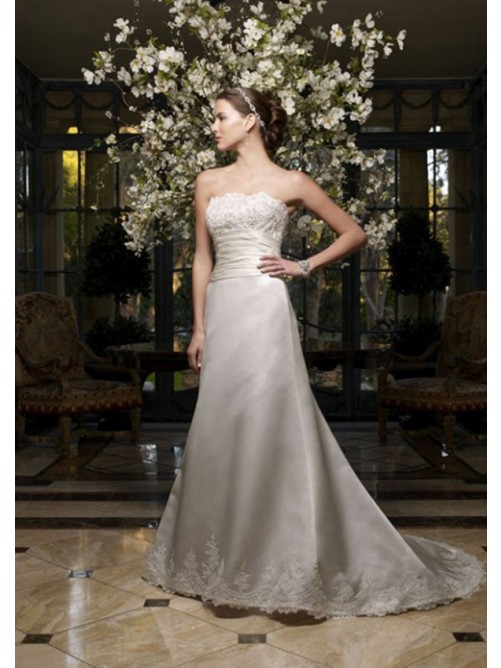 Mariage - A-Line Strapless Appliqued Bodice With Embroidery Hem Chapel Trailing Satin Wedding Gowns