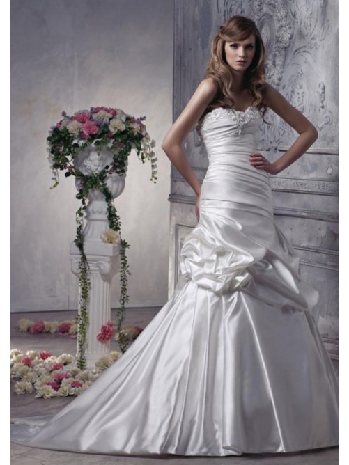Mariage - A-Line Strapless Neck Chapel Trailing Zipper Back Satin Custom Made Wedding Dresses