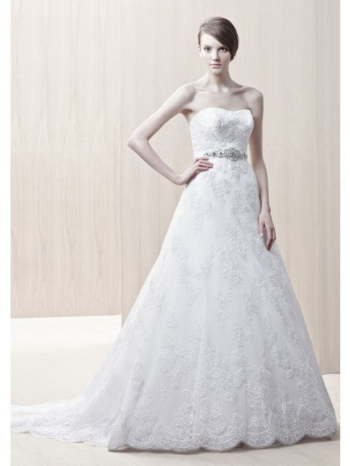 Mariage - A-Line Strapless Crystal Beaded Sash Chapel Trailing Lace Wedding Gowns