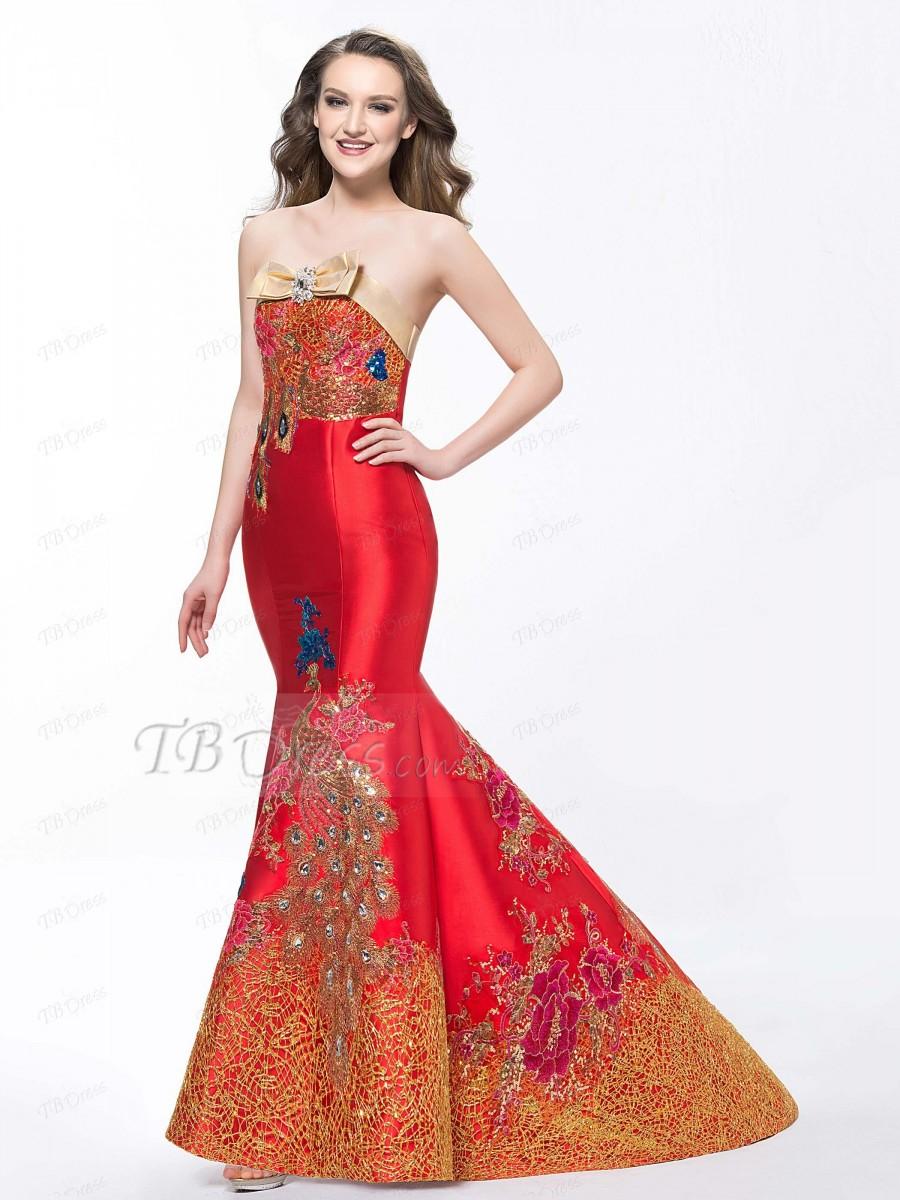 Hochzeit - $ 123.29 Charming Red Mermaid Strapless Bowknot Embroidery Peafowl Floor Length Evening Dress