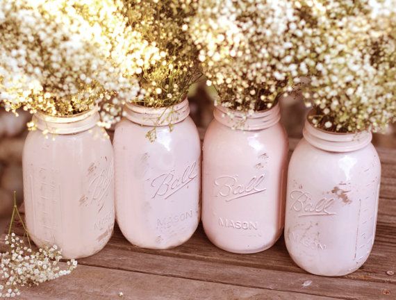 Wedding - Shabby Chic Weddings / Mason Jars / Distressed Paint Glass Jar Wedding Decoration / Wedding Centerpiece In Shabby Chic Pink