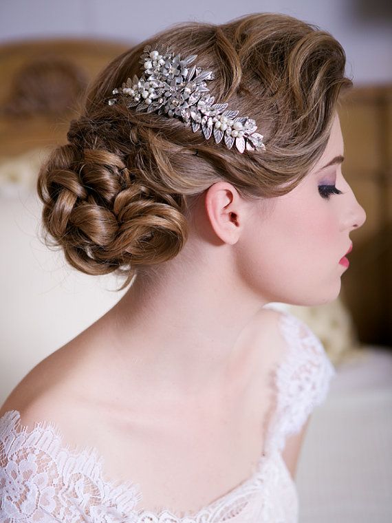 Mariage - Casque Feuille argent avec des cristaux et de perles, de mariage casque, Crystal Bridal Accessoires cheveux, peigne en cristal, 