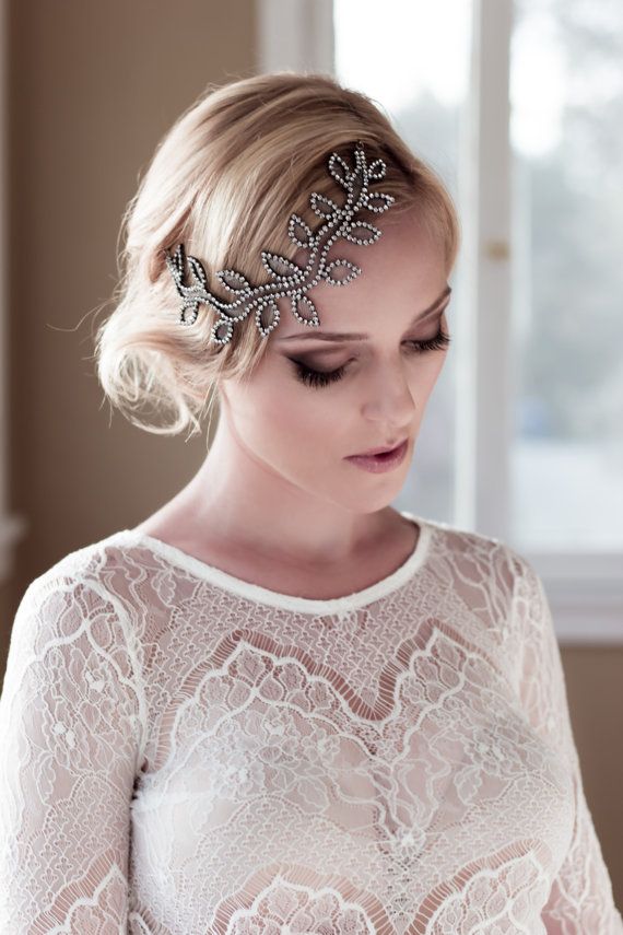 Wedding - Whimsical Bridal Headpiece With Rhinestone Leaves And Petals, Rhinestone Sparkle Headdress, Laurel Leaf Demi Crown, Style: Laurel #1416
