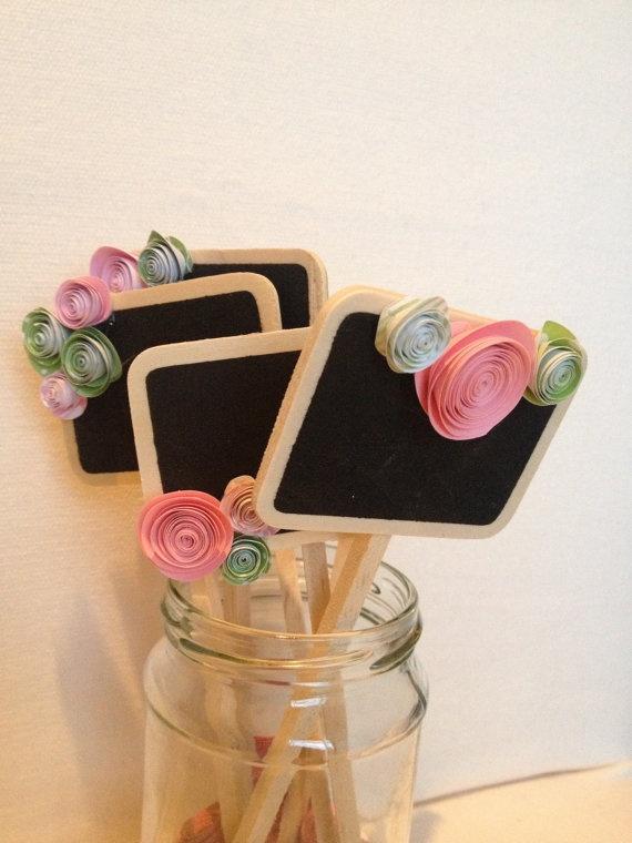 Wedding - Mini Chalkboard Signs Pink And Green, Wedding, Table Numbers, Party, Dessert Or Food Label