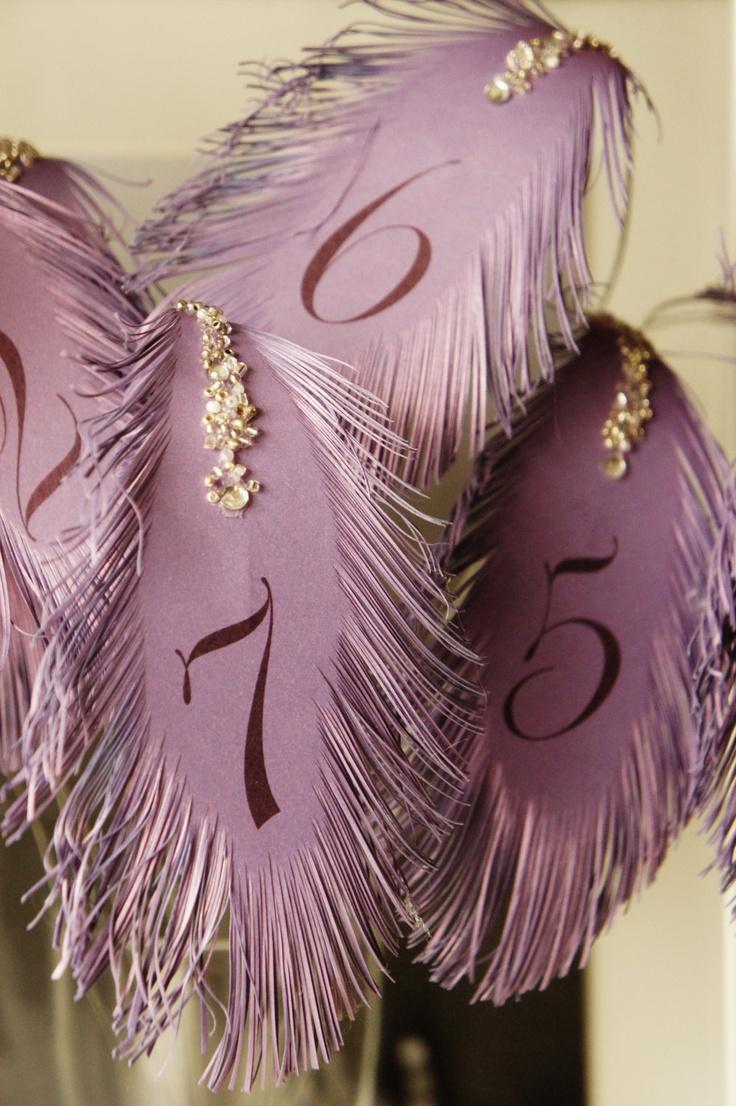 Wedding - Wedding Table Numbers FEATHER's In Purple (plum Text Color) For Flower Arrangement Rhinestones Decor Regular Size
