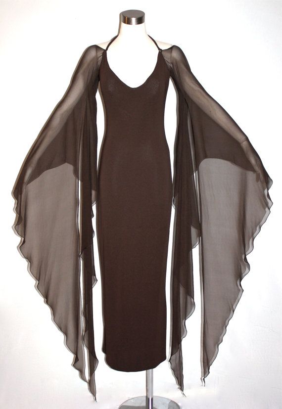 Wedding - Vintage HALSTON Gown Brown Backless Halter Angel Sleeve Maxi Dress