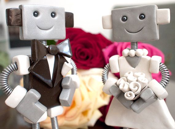 Wedding - Custom Robot Wedding Cake Topper MADE TO ORDER Robot And Bride Groom - Clay And Wire