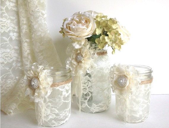 Wedding - 3 Piece Lace Covered Mason Jars With Adorable Lace Flowers 1 Vase And 2 Candle Holder, Wedding Decor Gift Or For You NEW