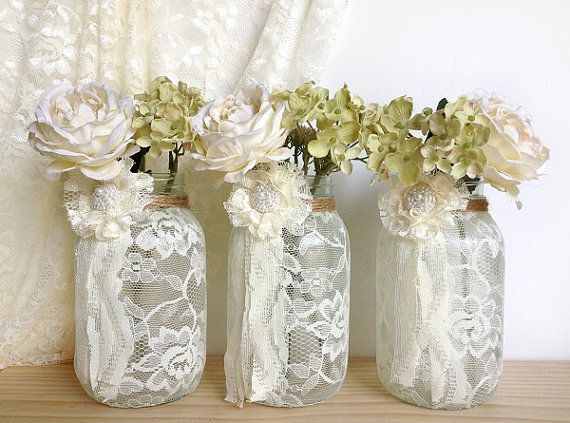 Wedding - 3 Ivory Lace Covered Jar Vases - Bridal Shower Decoration , Wedding Decor, Home Decoration Gift Or For You