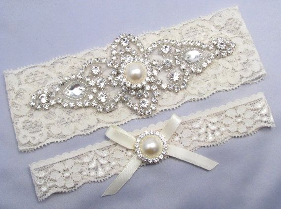 Wedding - Ivory Bridal Garter Set, Crystal Rhinestone Pearl Keepsake / Toss Garters, White / Ivory Stretch Lace Wedding Garter, Love Forever Bridal