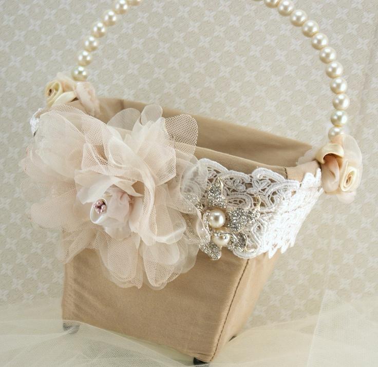 Wedding - Flower Girl Basket Bridal Basket In Ivory, Blush Pink, Nude And Champagne With Dupioni Silk And Crystal Brooch Vintage Touch