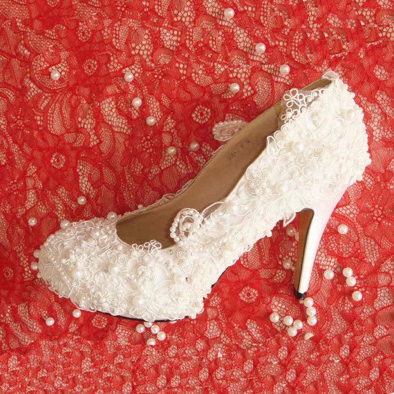 Mariage - Tous les faits à la main dentelle couverte chaussures de mariage, chaussures de partie White Pearl