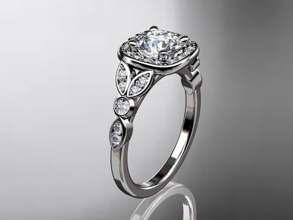 زفاف - 14KT الذهب الأبيض الماس ليف والكرمة خاتم الزواج، خاتم الخطوبة ADLR179