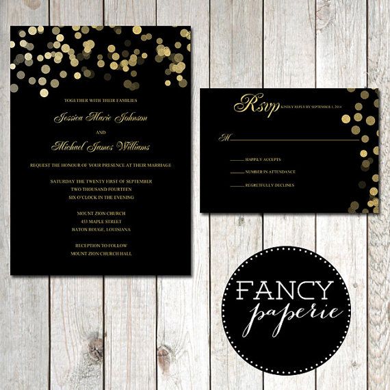 Wedding - Black And Gold Glitter Wedding Invitations & RSVP Cards