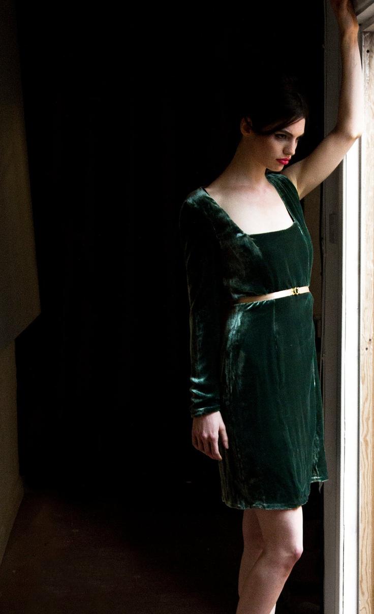 Wedding - SAMPLE SALE Tilda Green Velvet Assymetrical Long Sleeve Dress