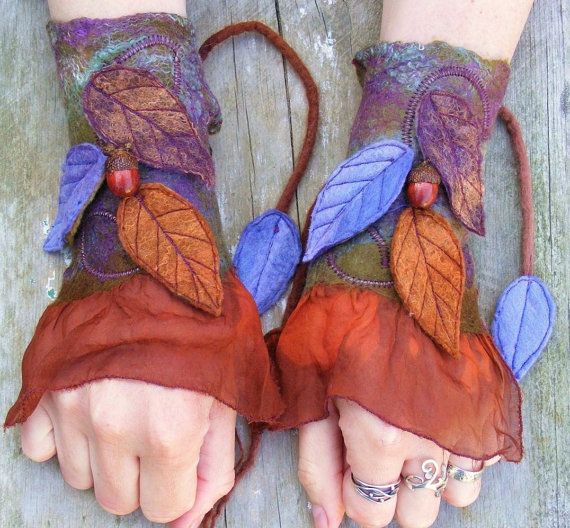 Wedding - Felt Faery Cuffs - Nuno Felt Cuffs- Pixie Gloves - Forest Gloves - Acorn Leafy Cuffs - Fairy Costume