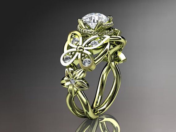 Mariage - Diamant Or 14kt Yellow floral, papillon anneau de mariage, bague de fiançailles, bande de mariage ADLR136