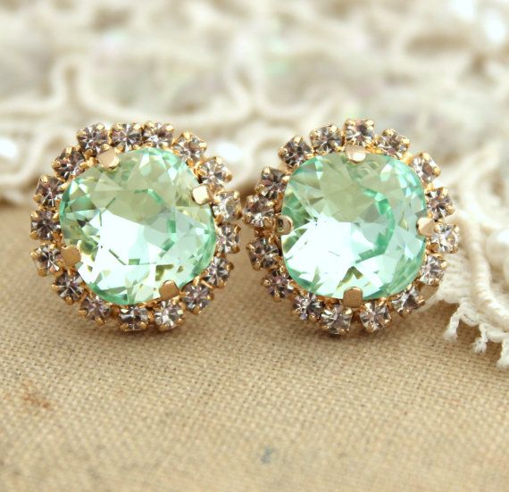 Wedding - Clear Mint Green Seafoam Crystal Stud Petite Vintage Earring - 14k 1 Micron Thick Plated Gold Post Earrings Real Swarovski Rhinestones
