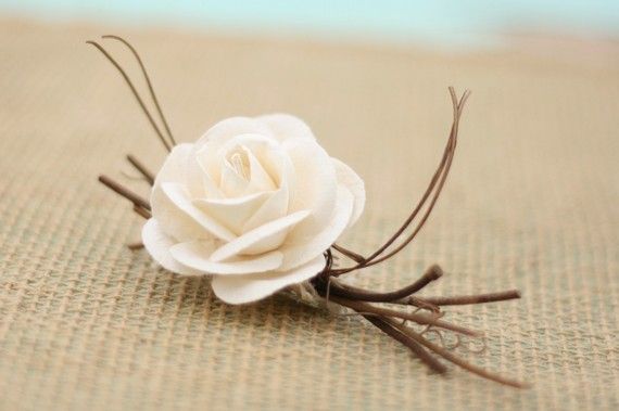 Wedding - Natural Vintage Inspired Paper Creamy White Ivory Roses Wedding Pin Boutonniere