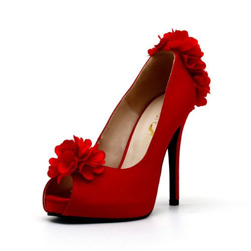 Wedding - Red Satin Wedding Shoes With Flowers