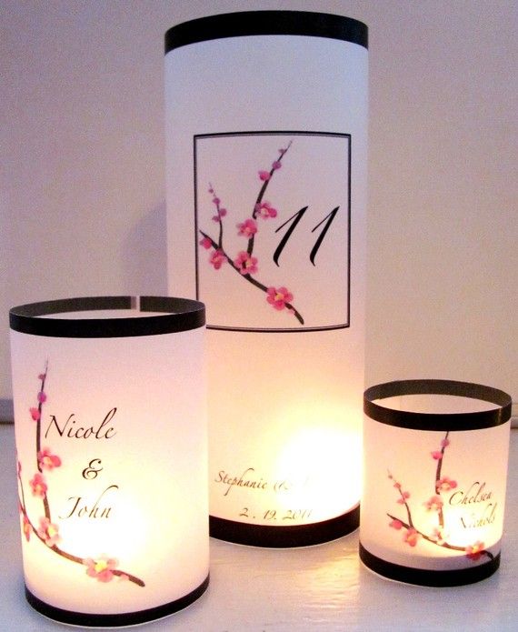 Wedding - Pink Cherry Blossom Table Number Luminary Centerpiece