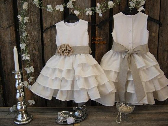 Wedding - Off White Girls Linen Dress. Linen Flower Girl. Toddler Ruffle Dress. Linen Girls Dress. Country Rustic Wedding. Girls Special Occasion