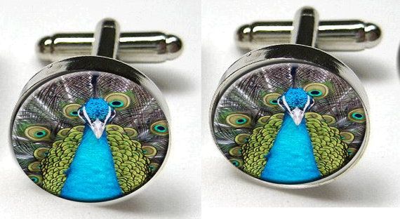 Mariage - Oiseaux de paon Plume Argent Lunette boutons de manchette de mariage en verre ronde à la mode