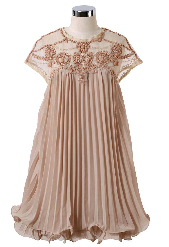 Wedding - Beads Embellished Pleated Dolly Dress In Nude Pink