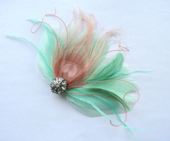 Wedding - IVY Mint Green And Bush Pink Peacock Feather And Crystal Veil Hair Clip, Feather Fascinator, Bridal Hair Piece