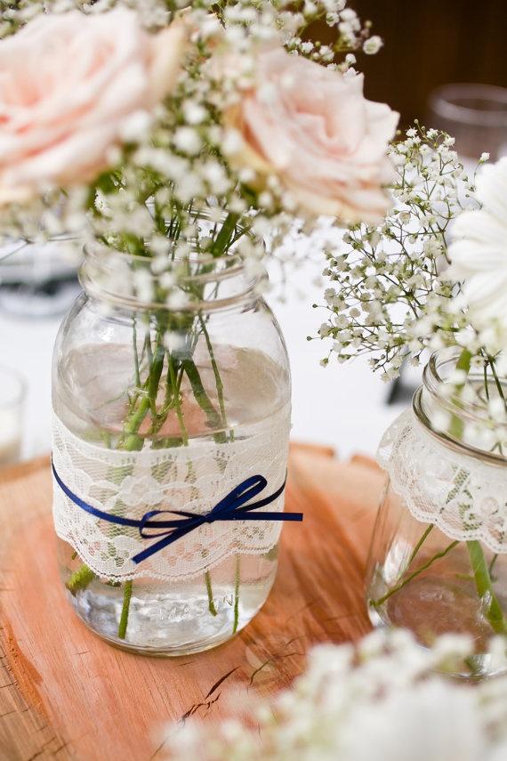 Wedding - Featured On MSN Living - Lace Mason Jar Vases - Large Quart Size - Set Of 12