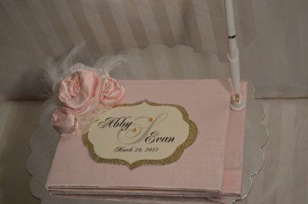 Wedding - Pink Guest Book- Wedding Guest Book With Pen, Handmade Roses, Lace And Monogram