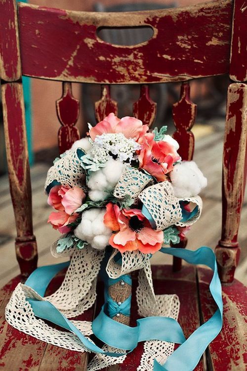 Wedding - Wedding Stuff / Loops Of Lace And Ribbon In A Bouquet! It's Even Turquoise Ribbon.