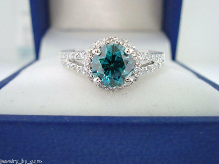 Wedding - Blue & White Diamond Engagement Ring 1.36 Carat VS2 14K White Gold Handmade
