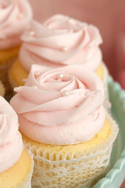 Wedding - Pink Rose Cupcakes With Candy Pearls. 