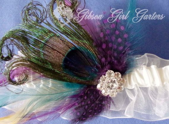 Wedding - Peacock Wedding Garters, Lace Ivory Wedding Garters, Jeweled Garters, Peacock Garters W/ Purple Gold Teal Feathers, Feather Art Deco Garter