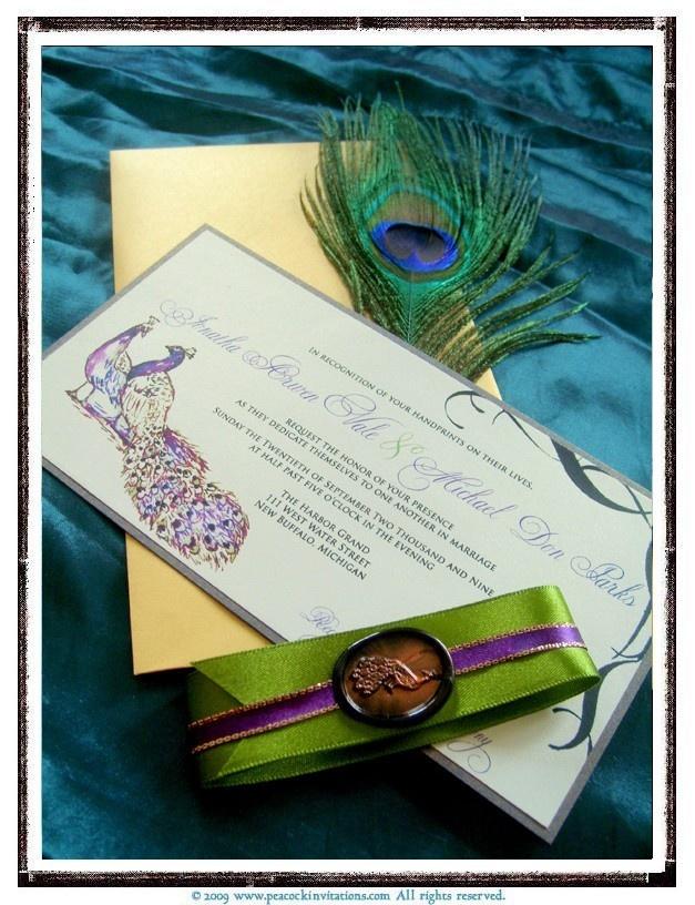 Wedding - JONATHA Peacock Themed Wedding Invitations In Deep Purple Chartreuse Green And Gold