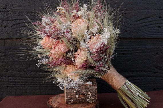 Wedding - Romantic Rustic Wedding Bouquet, Medium Bridal Bouquet, Farmhouse, Dried Flower Bouquet, Blush Peony Bouquet With Wheat & Wild Flowers