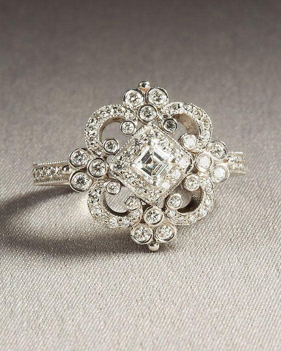 Wedding - DUCHESS - Diamond Engagement Ring Or Right Hand Ring SEMI-MOUNT-14K White Gold - Weddings- Luxury- Brides - Art Deco - BP0011