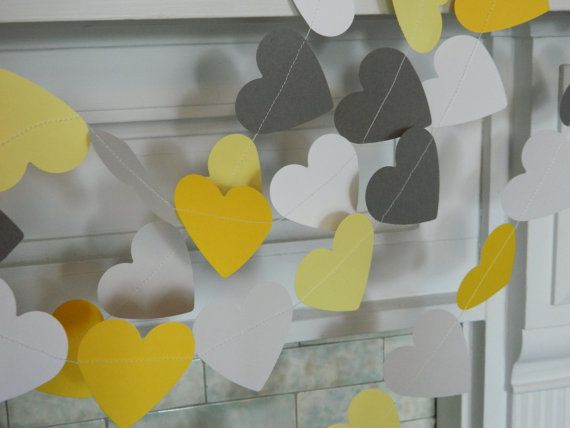 Wedding - Paper Garland 10ft Yellow Gray And White Paper Hearts Wedding Decor Bridal Shower Decor Photo Prop You Pick The Color
