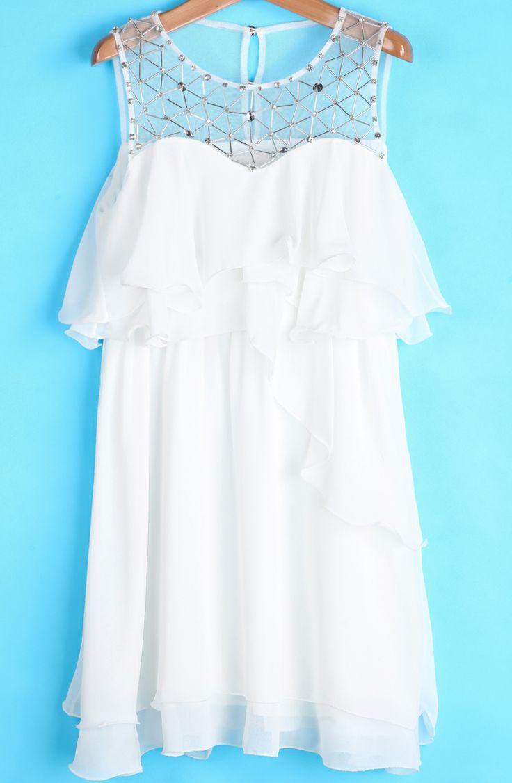 Wedding - White Sleeveless Bead Ruffle Chiffon Dress - Sheinside.com