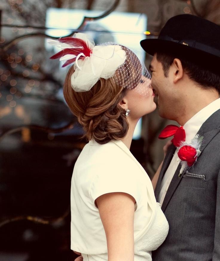 زفاف - قبعة الزفاف، قفص العصافير الحجاب، الأحمر والأبيض والعاج، وكارولين