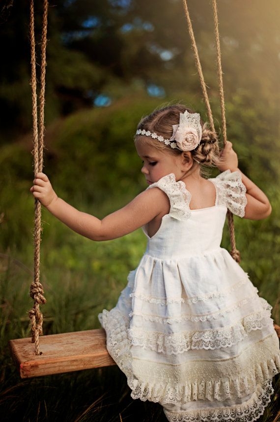 Wedding - Ivory Linen And Lace Knot Dress - Flower Girl Dress- 2T-5T
