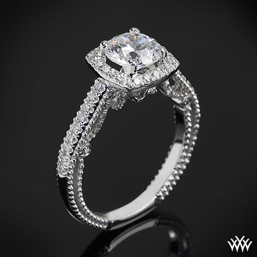 Wedding - 18k White Gold Verragio Beaded Halo Diamond Engagement Ring
