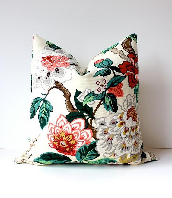 Wedding - Modern Emerald Pink Decorative Designer Pillow Cover 18" Accent Blossoms Oriental Floral Chinoiserie Green Cream Gold Red Jacobean