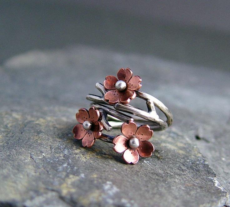 Wedding - Cherry Blossom Branch Adjustable Ring, Spring Jewelry, Silver Ring, 1 Ring MADE To ORDER, Twig Ring, Branch Ring, POINTED Petals
