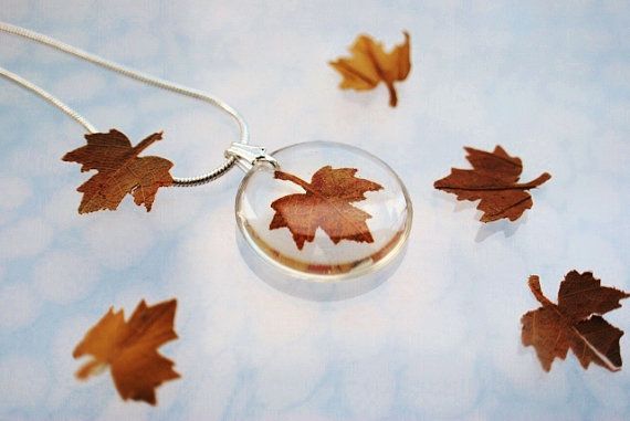 Wedding - Autumn Necklace Petite Eco Resin Jewelry Pressed Leaf Mini Maple Petite Transparent Airy Botanical Necklace / Pendant