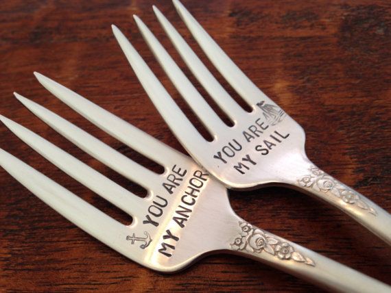 Wedding - You Are My Anchor, You Are My Sail Recycled Silverware Vintage Silverware Hand Stamped Pastry Fork Cake Fork