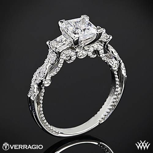زفاف - 18K الذهب الأبيض Verragio مطرز الشريط الأميرة 3 ستون خاتم الخطوبة