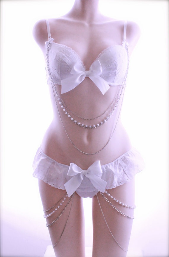 Wedding - 34B/Med - White Eyelet Pearls Chains And Bows Bra And Panty Set - Burlesque Wedding NIght Bridal Lingerie Costume